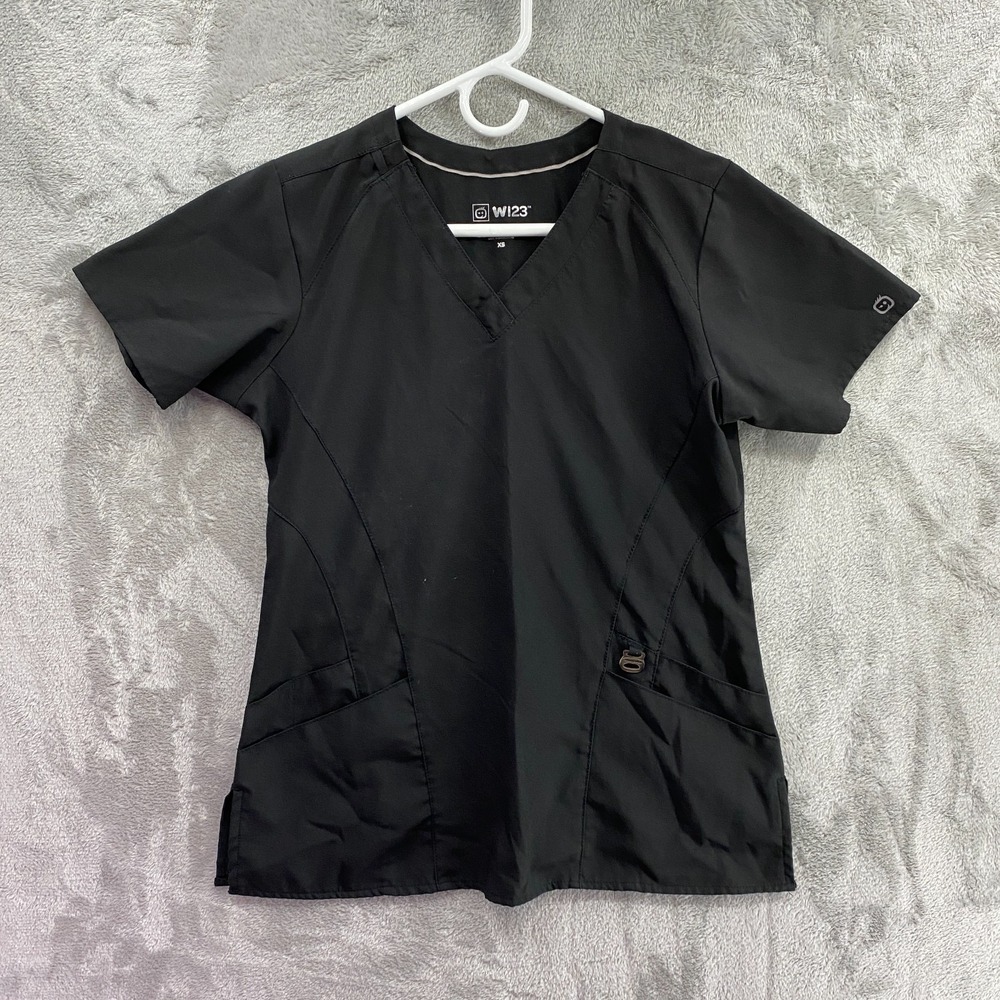 WonderWink WI23 Fit Fabric Function Scrub Top Womens XS Black V Neck Stretch